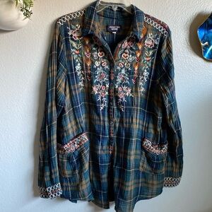 Johnny Was Button Front Plaid Embroidery L